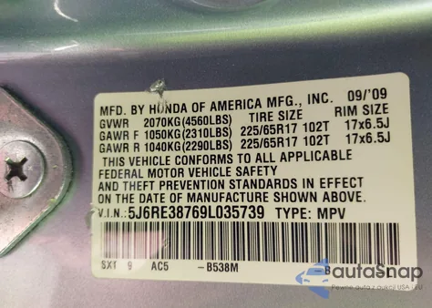 2009 Honda Cr-V Ex-L from USA, damaged, VIN 5J6RE38769L035739
